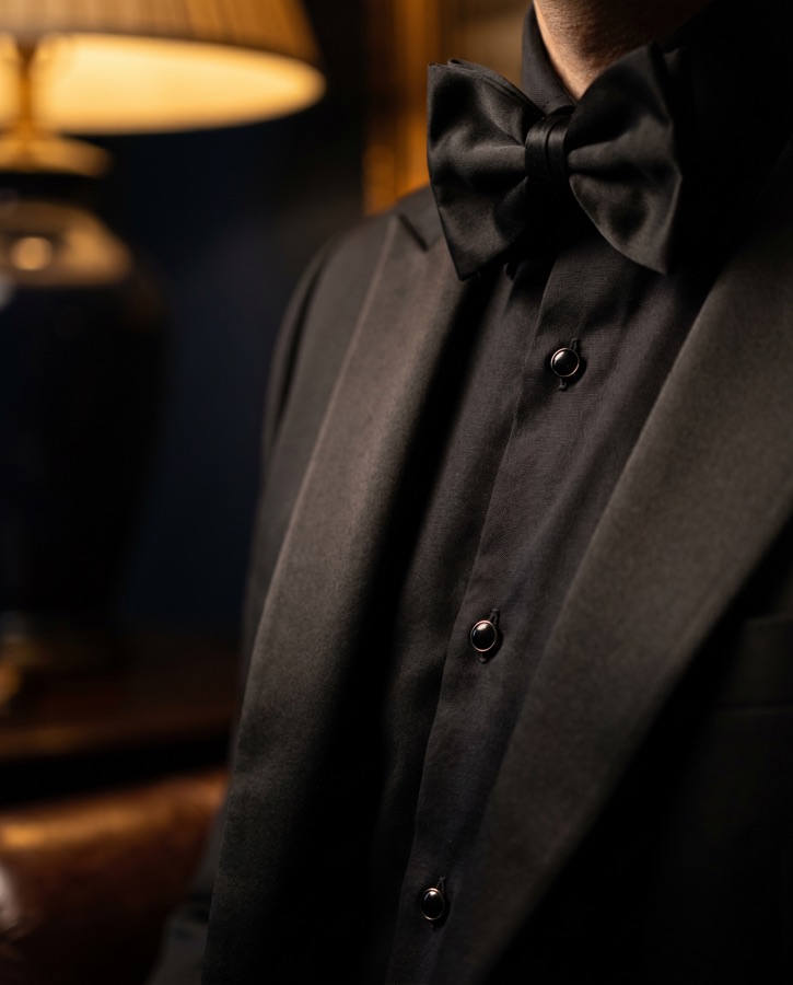 Black tie detail: satin lapel, bow tie, and studs