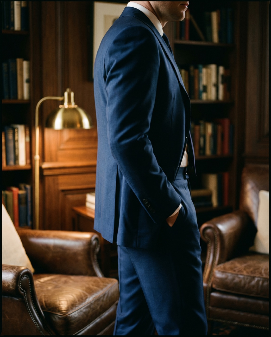 Custom navy executive suit, styled in a dark, wood-paneled room
