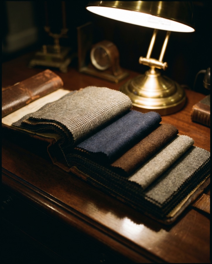 An open fabric swatch book under warm lamplight