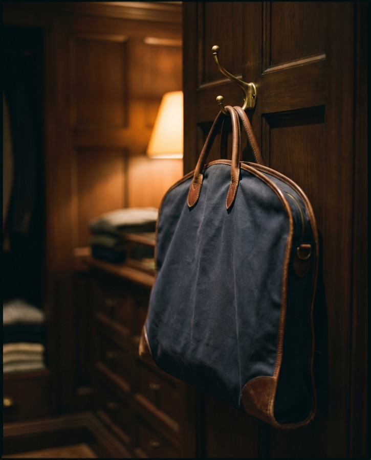 A garment bag hanging in a quiet, dim interior