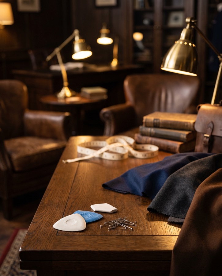 Tailor's chalk, pins, and a measuring tape on a wood table