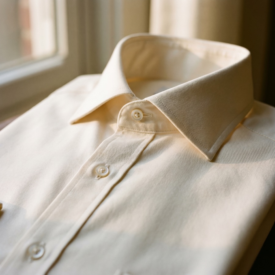 Macro detail of a shirt collar and mother-of-pearl button
