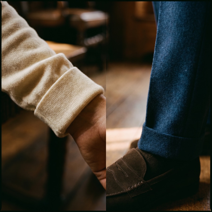 Macro detail of knit texture and trouser break