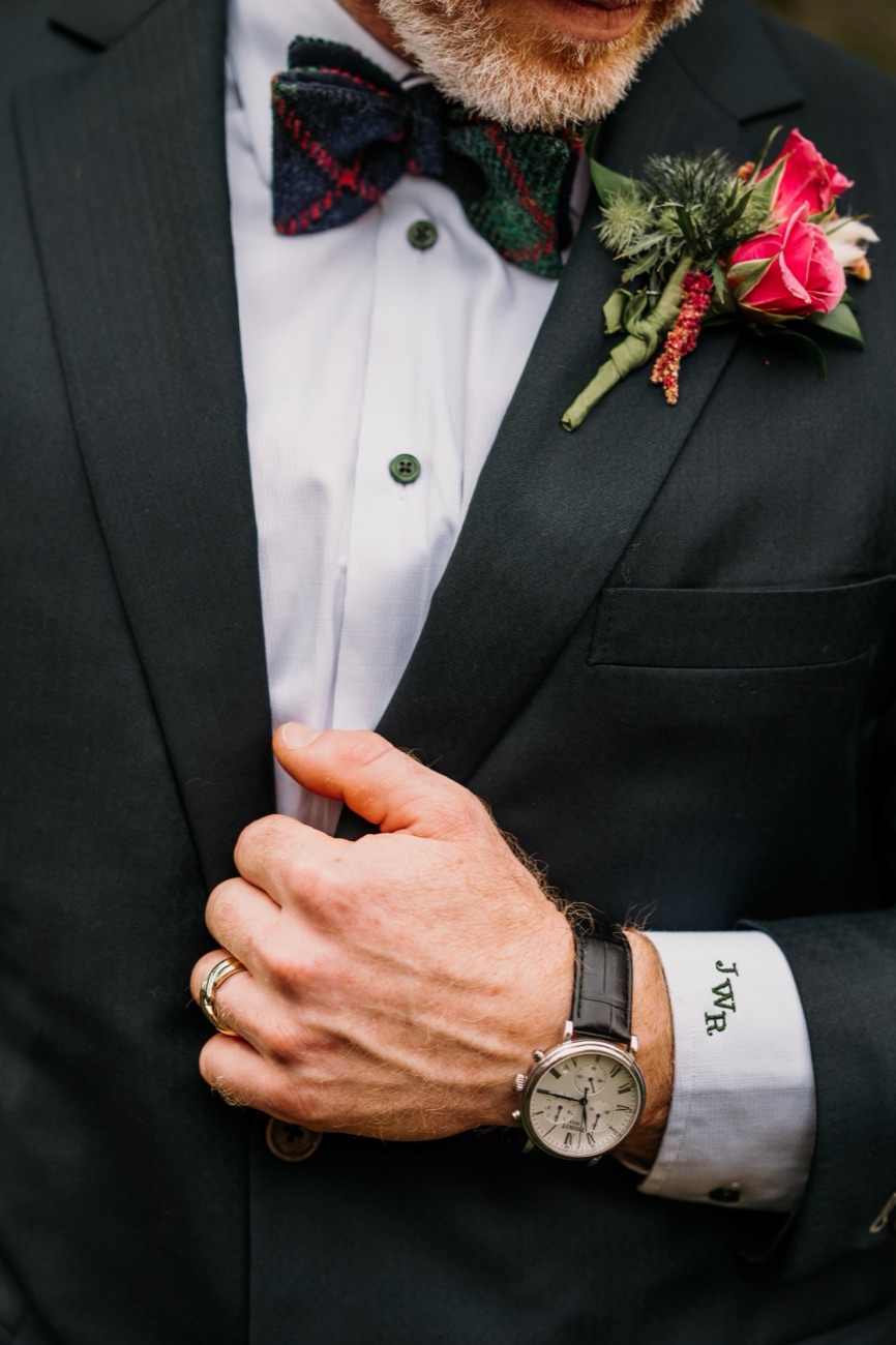 Monogrammed shirt cuff on a custom tuxedo