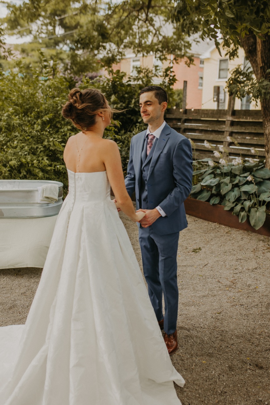 A client in his custom wedding suit